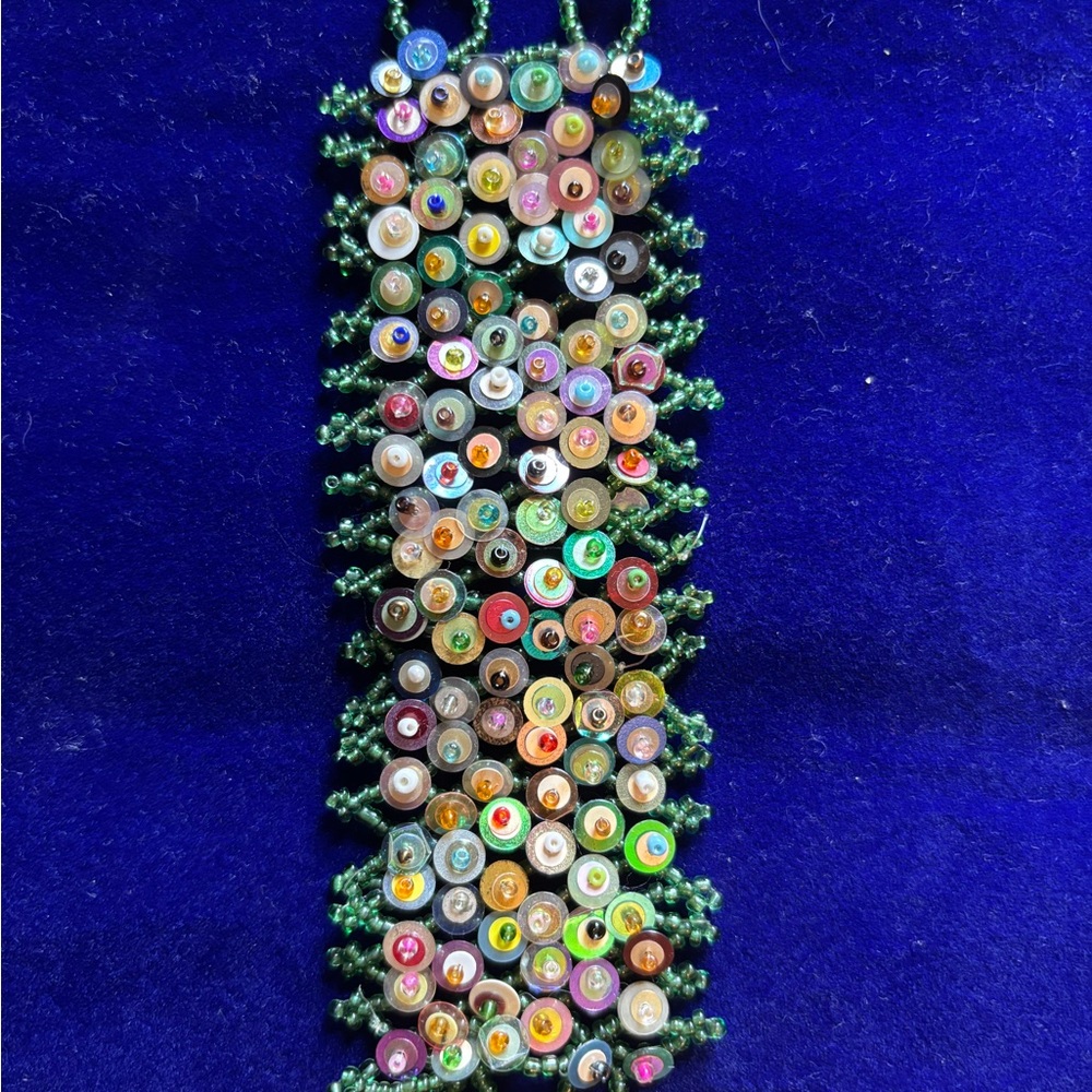 Handmade Green Glass Seed Beads Multicolor Sequined Bracelet